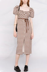Robe mi-longue vintage à manches bouffantes, col carré et carreaux vichy - Marron